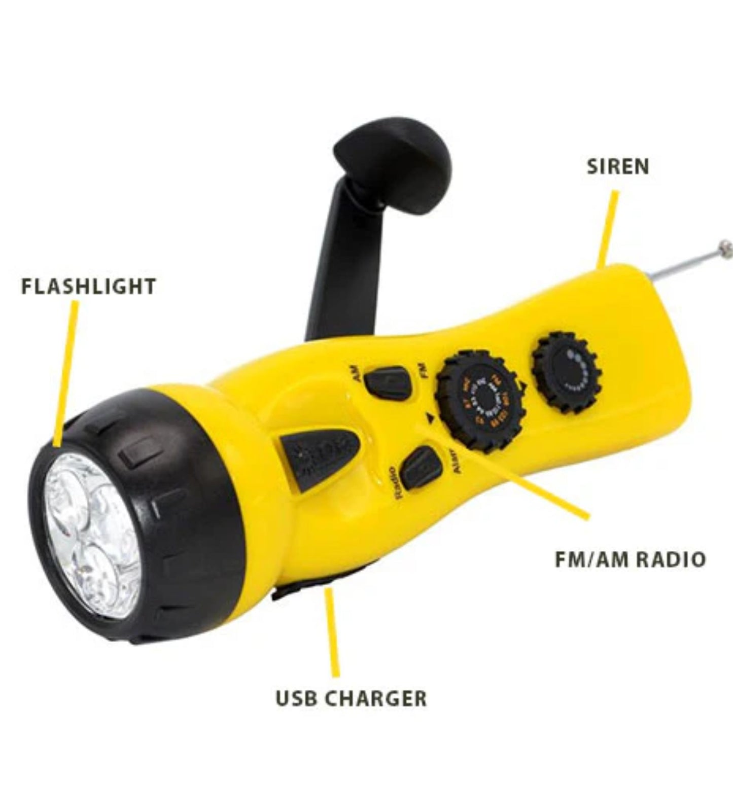 4-in-1 Dynamo Crank Flashlight with Radio, Siren & Phone Charger