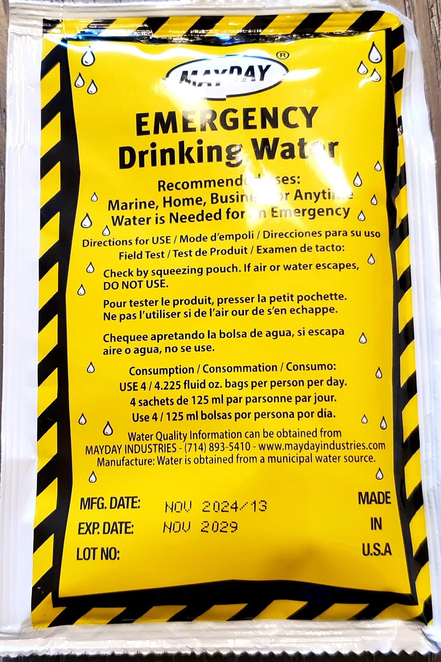 Mayday Emergency Drinking Water 4.22 oz pouch